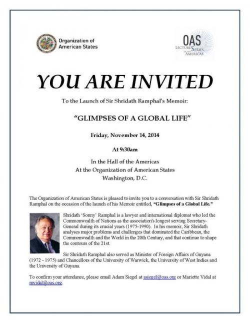 Invitation Book Launch, Glimpses of a Global Life - Sir Shridath Ramphal’s Memoir